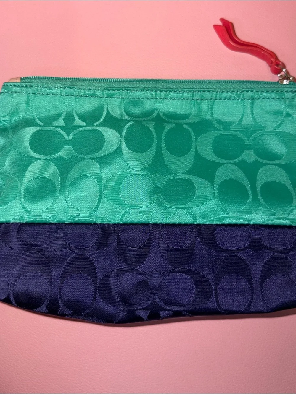 Coach Two-Tone Teal & Navy Signature Cosmetic Pouch with Red Zip Pull